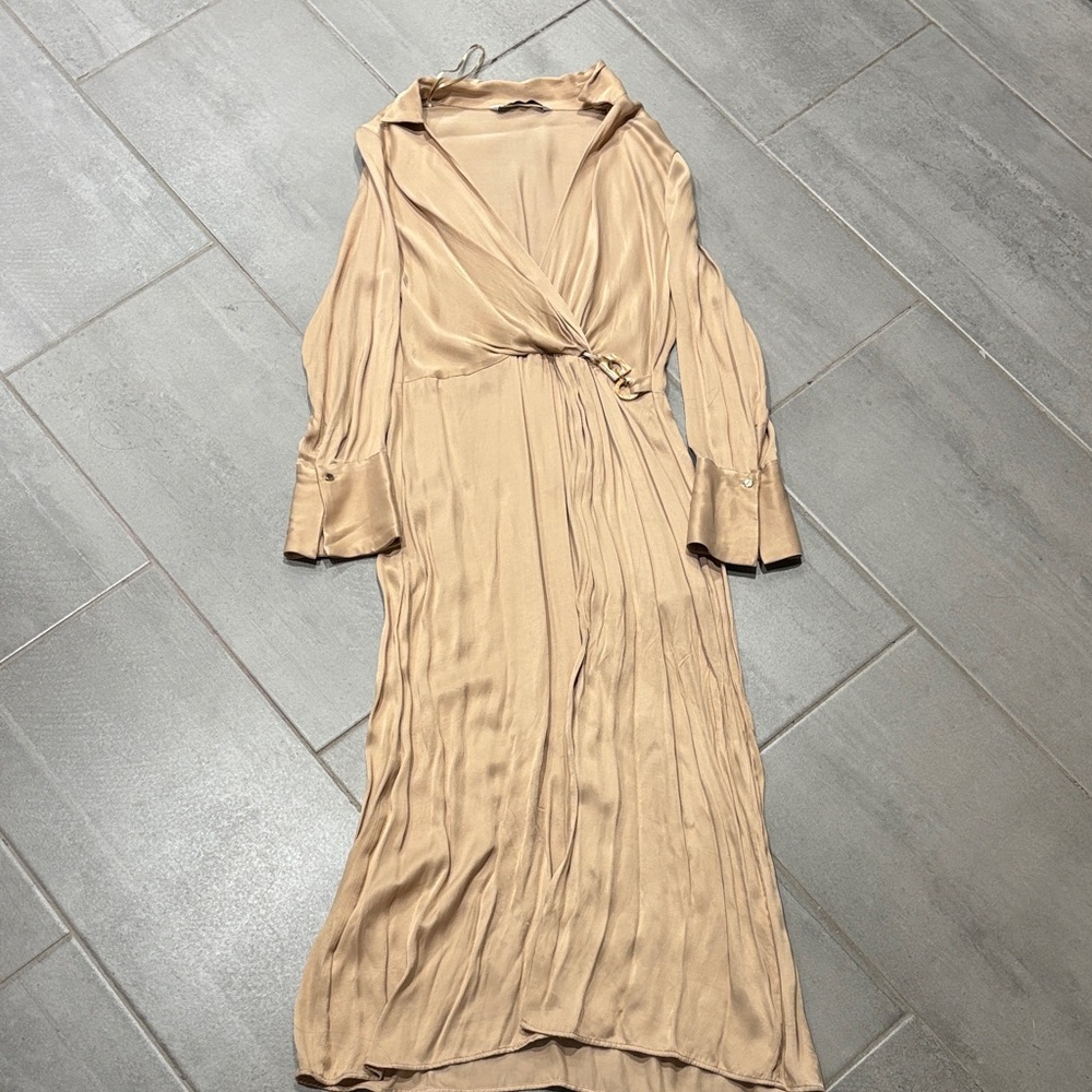 Zara Beige Long Sleeve Wrap Dress